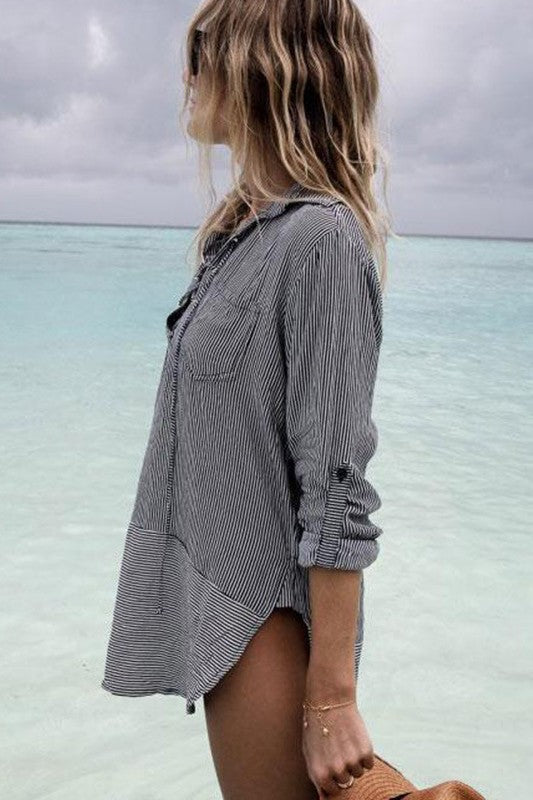 Striped V-Neck Beach Cover-Up Shirt – Long Sleeve UV Protection with Tie Detail