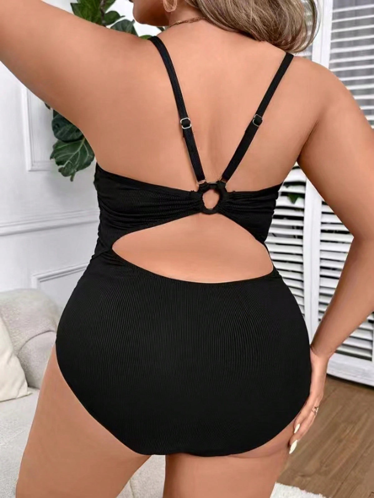 Plus Size Ribbed Ruched Cutout-Back One-Piece Swimsuit