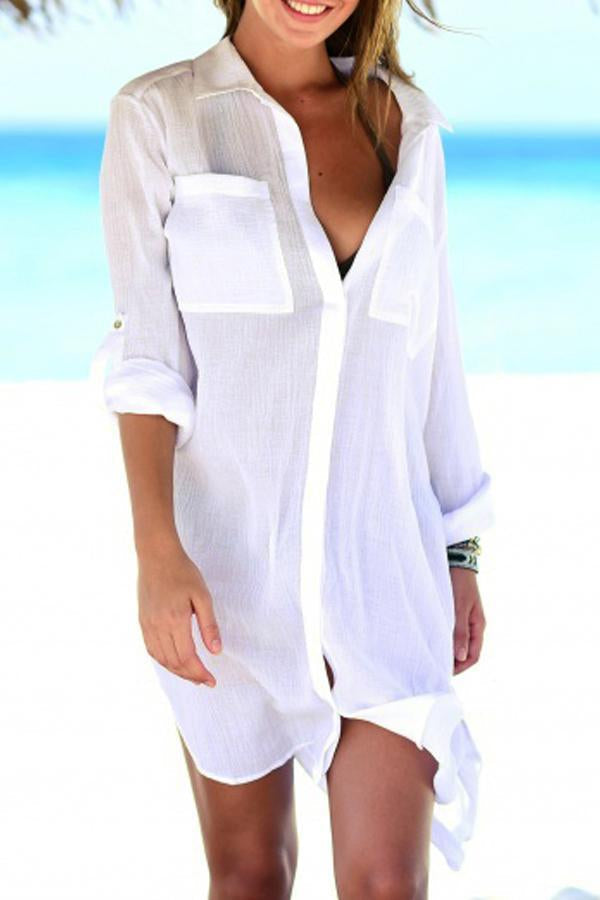 Solid Color Roll Up Sleeve Cover Up White