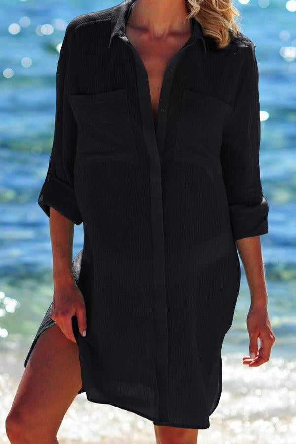 Solid Color Roll Up Sleeve Cover Up Black