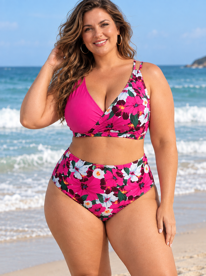 Plus Size Floral Wrap Bikini Set with High-Waisted Bottoms