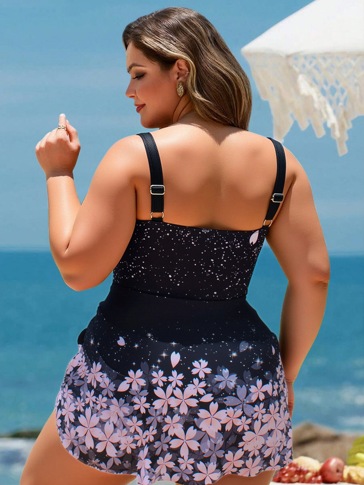 Midnight Sakura Wrap Swim Dress