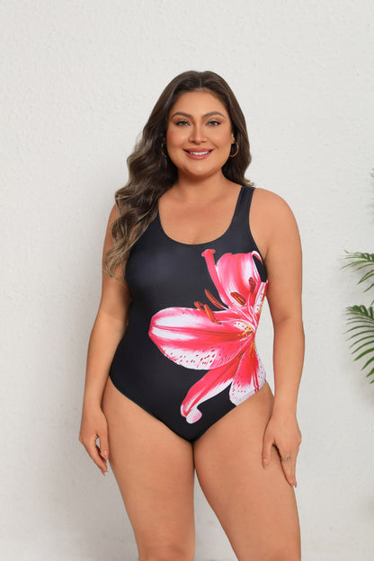 Plus Size Pink Lily Print One-Piece Swimsuit