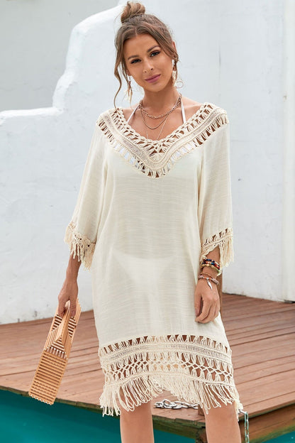 Popular beach cover-up tassel long beach dress hand-crocheted patchwork beach dress