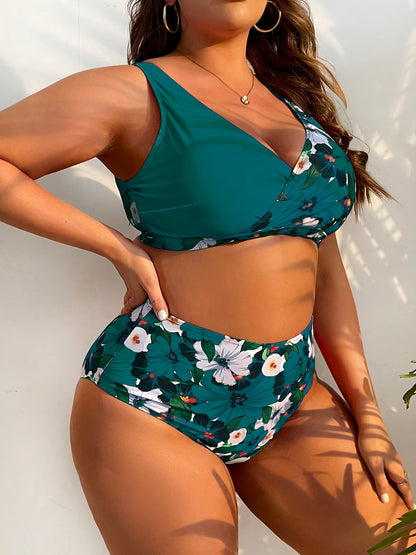Plus Size Floral Wrap Bikini Set with High-Waisted Bottoms