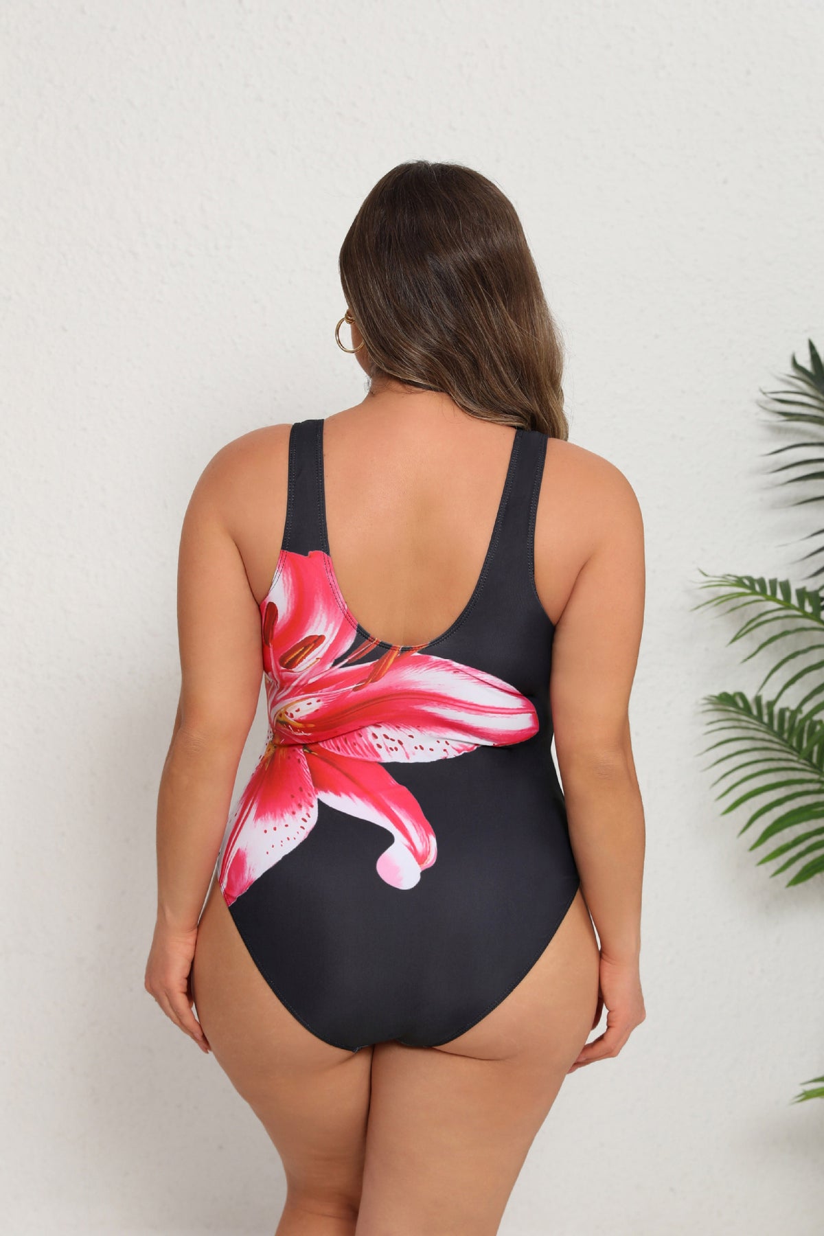 Plus Size Pink Lily Print One-Piece Swimsuit