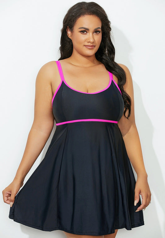 Scoop Neck Peplum Swimdress Black & Purple